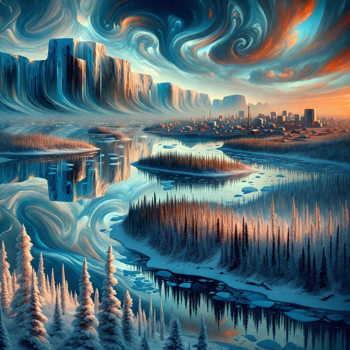 The primary subject of the image is a beautiful landscape featuring a large body of water, a mountain, and a city in the background. The setting is a serene and picturesque environment, with the water reflecting the surrounding landscape. The visual style of the image is a combination of digital art and illustration, creating a stunning and realistic representation of the scene. The colors and mood of the image are predominantly blue and cold, giving the impression of a wintery atmosphere.